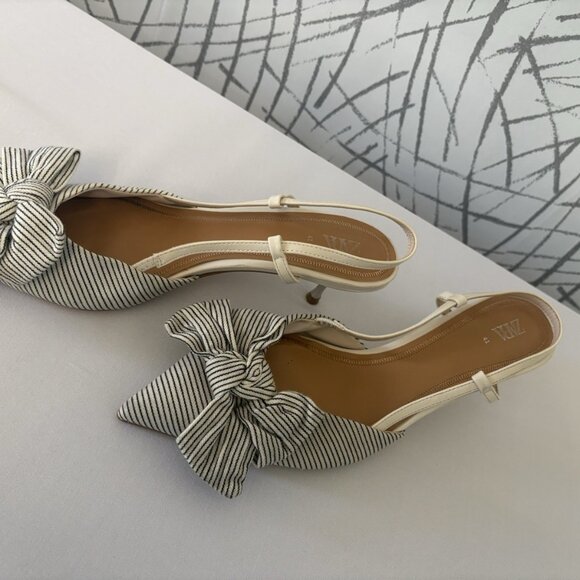 ZARA Slingback Striped Bow Pointed Toe Heels Ivory Fabric - Picture 6 of 8